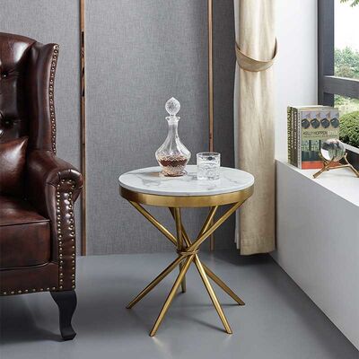 Modern Round Marble Centre Table Steel Small Side For Bedroom 50x50x60cm