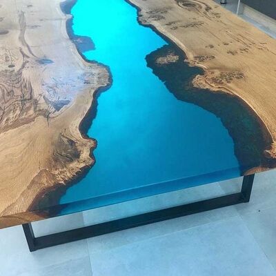 Epoxy Resin Live Edge River Wood Plank Dining Table Counter Desk Top Home Kitchen Blue