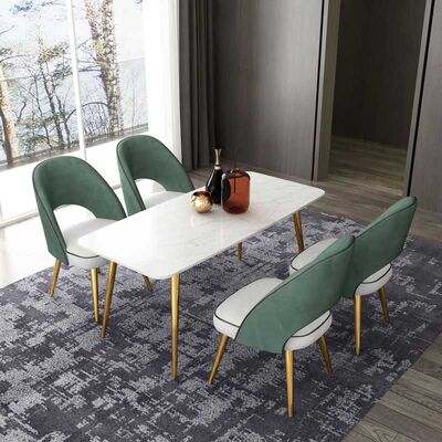 High 75cm Marble Dining Table And Chairs Set Stainless Steel Base Rectangular Shape