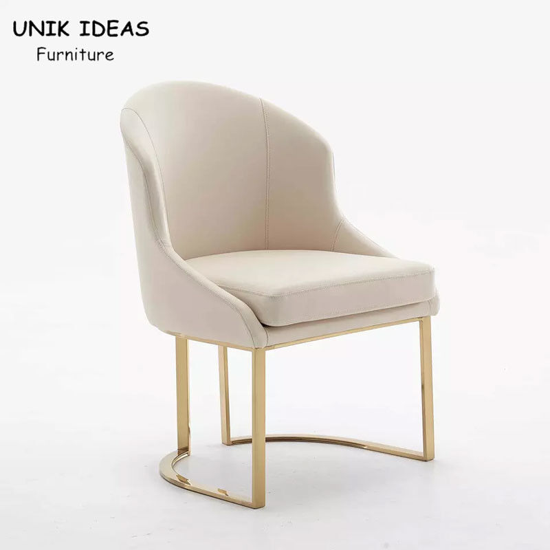 Eco Friendly Beige Leather Dining Chair Luxury Gold Stainless Steel Metal Frame Leg